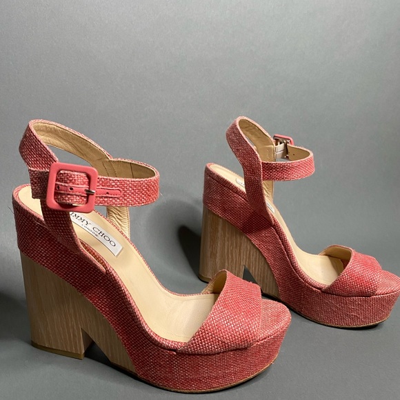 Jimmy Choo Pink Nico Woven Raffia Wood Wedge - Picture 4 of 8